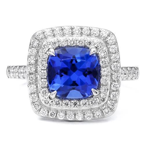 Bague Halo Coussin Tanzanite Et Diamants 15 Ct Or Blanc 14K - HarryChadEnt.FR