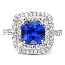 Bague Halo Coussin Tanzanite Et Diamants 15 Ct Or Blanc 14K