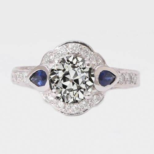Bague Halo Dame Ronde Diamant Taille Ancienne & Saphirs Bleu Poire 3 Carats - HarryChadEnt.FR