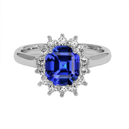 Bague Halo Diamant Asscher Taille Saphir Bleu 6.50 Carats Or 14K - HarryChadEnt.FR