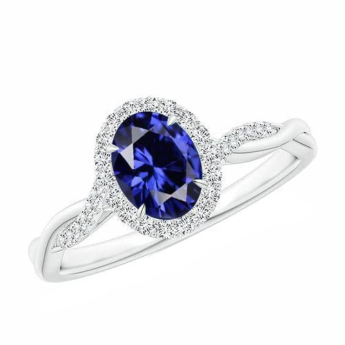 Bague Halo Diamant Blanc Saphir Bleu Naturel Tige Torsadée 5 Carats - HarryChadEnt.FR