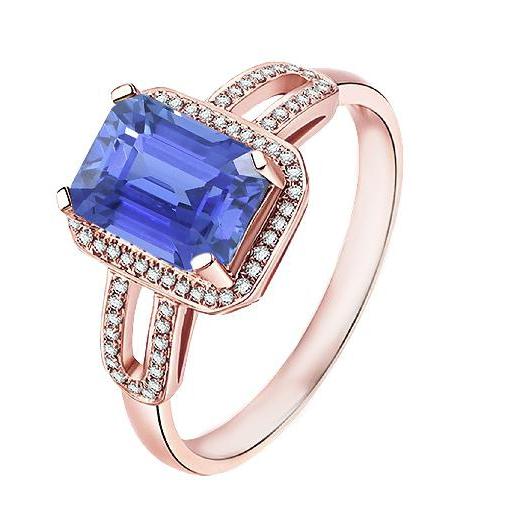 Bague Halo Diamant Bleu Saphir Emeraude 3.50 Carats Or Rose 14K - HarryChadEnt.FR