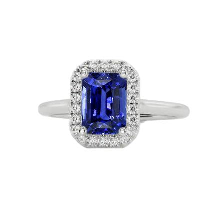 Bague Halo Diamant Bleu Saphir Taille Radiant 3 Carats Or Blanc 14K - HarryChadEnt.FR