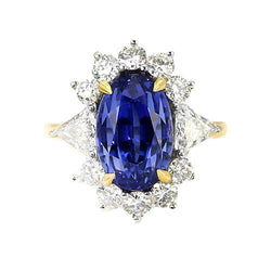 Bague Halo Diamant Ceylan Saphir 4.25 Carats Deux Tons Sunburst Style