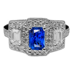 Bague Halo Diamant Émeraude Ronde Saphir Bleu Style Antique 3 Carats