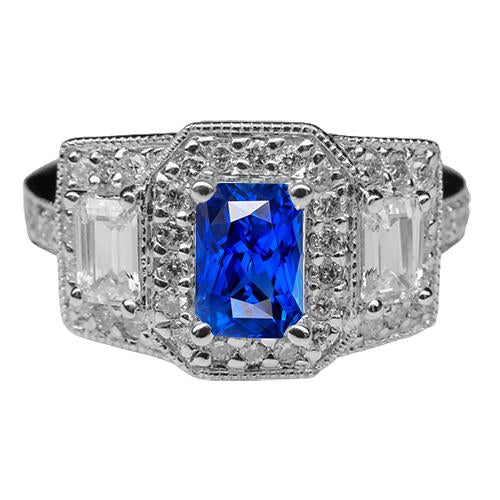 Bague Halo Diamant Émeraude Ronde Saphir Bleu Style Antique 3 Carats - HarryChadEnt.FR