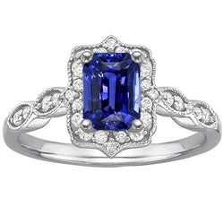 Bague Halo Diamant Émeraude Saphir Sri Lankais 4 Carats Or Blanc 14K