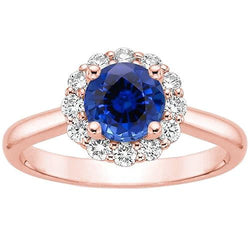 Bague Halo Diamant Femme Style Fleur Saphir Bleu 3 Carats Or Rose