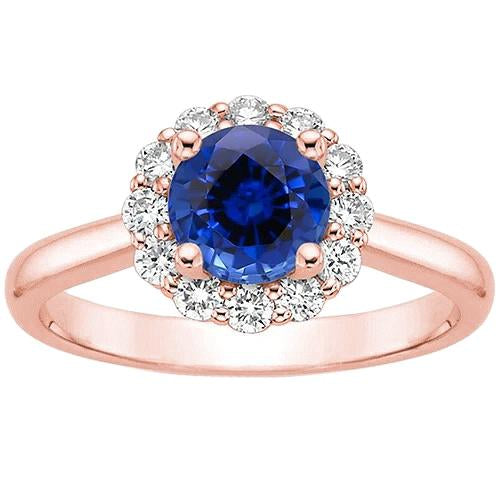 Bague Halo Diamant Femme Style Fleur Saphir Bleu 3 Carats Or Rose - HarryChadEnt.FR