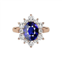 Bague Halo Diamant Or Rose Style Starburst Saphir Bleu 11.25 Carats