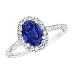 Bague Halo Diamant Ovale Saphir Bleu Accentué Or Blanc 5.50 Carats