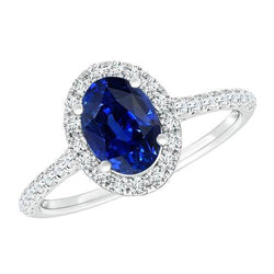 Bague Halo Diamant Ovale Saphir Bleu Avec Accents Or Blanc 6 Carats
