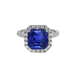 Bague Halo Diamant Rond & Saphir Bleu Taille Asscher 5.75 Carats Nouveau