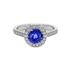 Bague Halo Diamant Rond Saphir Ceylan 4 Carats Accents Or Blanc