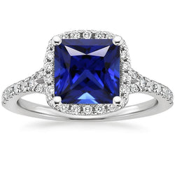 Bague Halo Diamant & Saphir Bleu Avec Accents V Split Tige 6 Carats