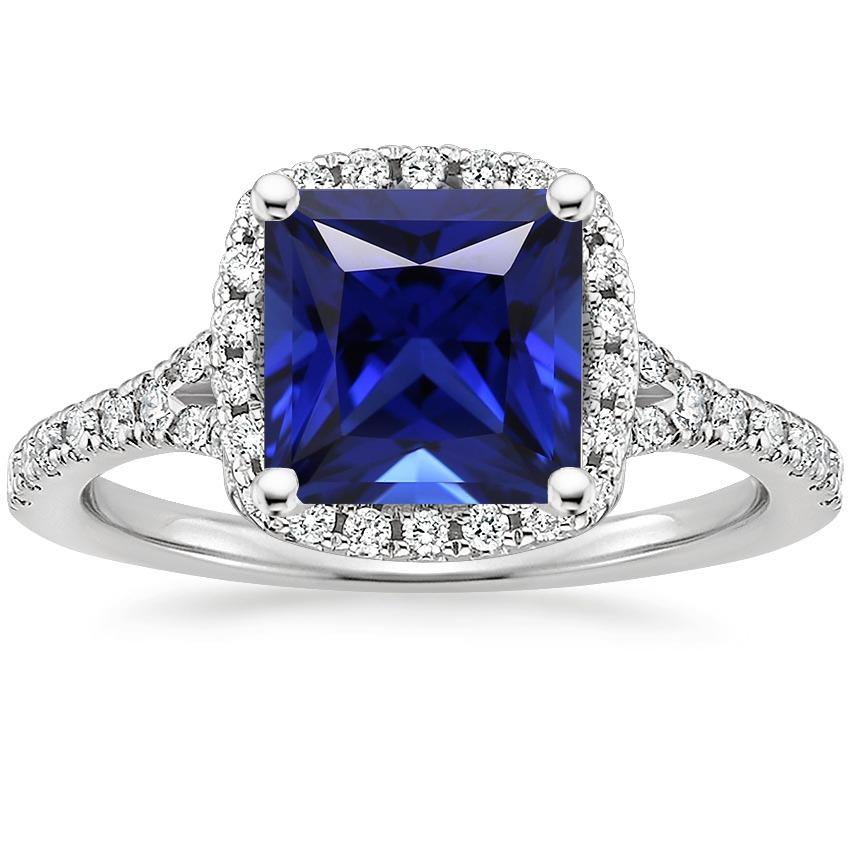 Bague Halo Diamant & Saphir Bleu Avec Accents V Split Tige 6 Carats - HarryChadEnt.FR