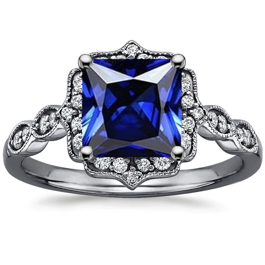 Bague Halo Diamant Saphir Bleu Taille Princesse Style Vintage 6 Carats - HarryChadEnt.FR