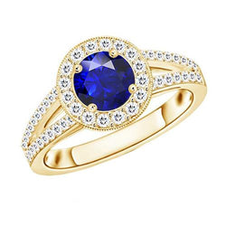Bague Halo Diamant Style Antique 3 Carats Bijoux Saphir Bleu Rond