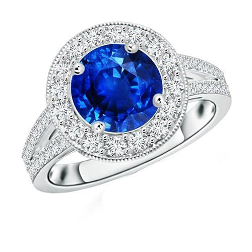 Bague Halo Diamant Style Antique Griffe Ronde Saphir Bleu 2.50 Carats - HarryChadEnt.FR