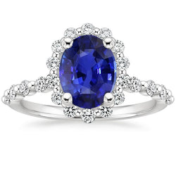 Bague Halo Diamant Style Fleur Saphir Sri Lankais 4 Carats