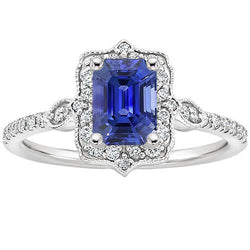 Bague Halo Diamant Style Vintage Saphir Bleu Émeraude 4 Carats