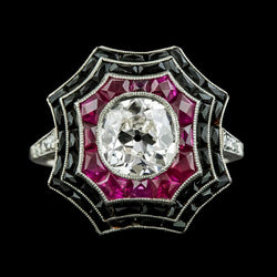 Bague Halo Diamant Taille Ancienne Lunette Onyx Noir & Saphirs Roses 5 Carats