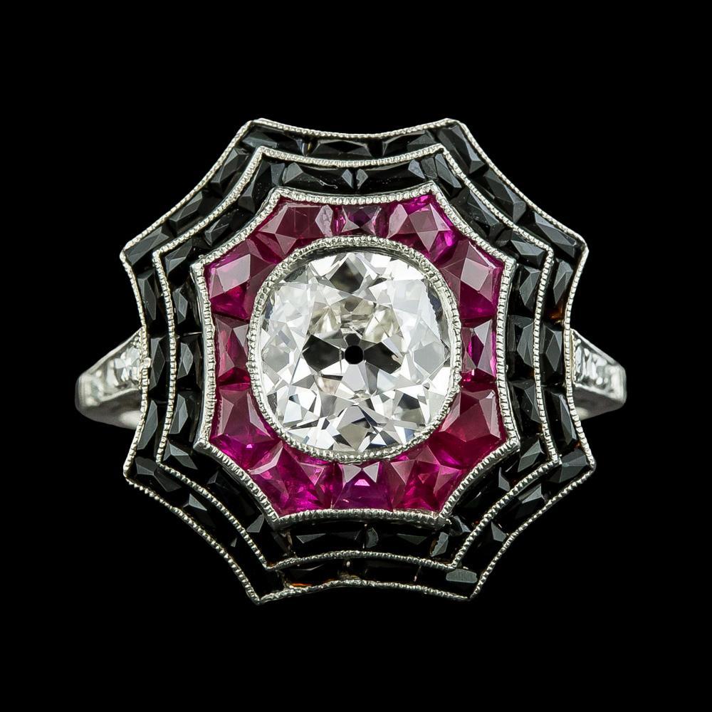 Bague Halo Diamant Taille Ancienne Lunette Onyx Noir & Saphirs Roses 5 Carats - HarryChadEnt.FR