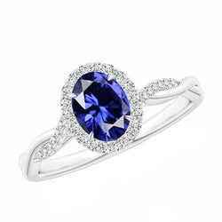 Bague Halo Diamants 4.25 Carats Saphir Bleu Ovale Or Blanc Pétillant