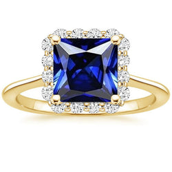 Bague Halo Diamants Or Jaune Avec Saphir Bleu Taille Princesse 6 Carats