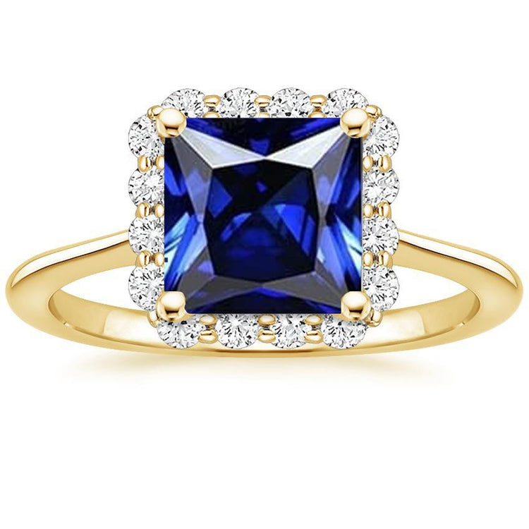 Bague Halo Diamants Or Jaune Avec Saphir Bleu Taille Princesse 6 Carats - HarryChadEnt.FR