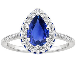 Bague Halo Diamants Poire & Saphirs Bleus Ronds Avec Accents 5.25 Carats
