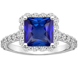 Bague Halo Diamants Ronds & Saphir Princesse Sri Lankais 4.50 Carats