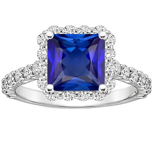 Bague Halo Diamants Ronds & Saphir Princesse Sri Lankais 4.50 Carats - HarryChadEnt.FR