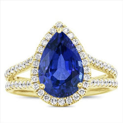Bague Halo Diamants & Sri Lanka Poire Saphir 8 Carats Tige Split