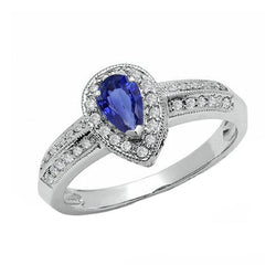 Bague Halo Double Tige Poire Saphir Bleu & Diamants 2 Carats