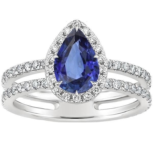 Bague Halo Double Tige Poire Saphir Bleu & Diamants 4.50 Carats - HarryChadEnt.FR