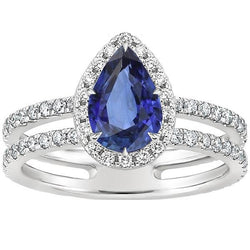 Bague Halo Double Tige Poire Saphir Bleu & Diamants 4.50 Carats