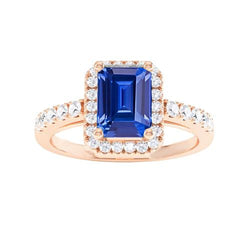 Bague Halo Émeraude & Diamants Ronds Saphir Bleu 3.50 Carats Or Rose