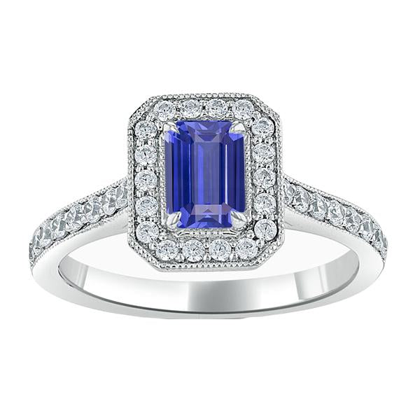 Bague Halo Emeraude Saphir & Diamants 3 Carats Or Blanc Millgrain - HarryChadEnt.FR