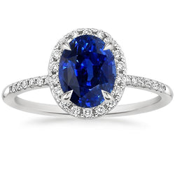 Bague Halo Femme Saphir Bleu Ovale & Accents Diamants 3.25 Carats