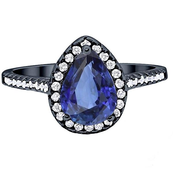 Bague Halo Forme Poire Or Noir Saphir Bleu & Diamants 4 Carats - HarryChadEnt.FR