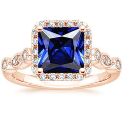 Bague Halo Gemstone Femme Princesse Ceylan Saphir 6 Carats Or Rose