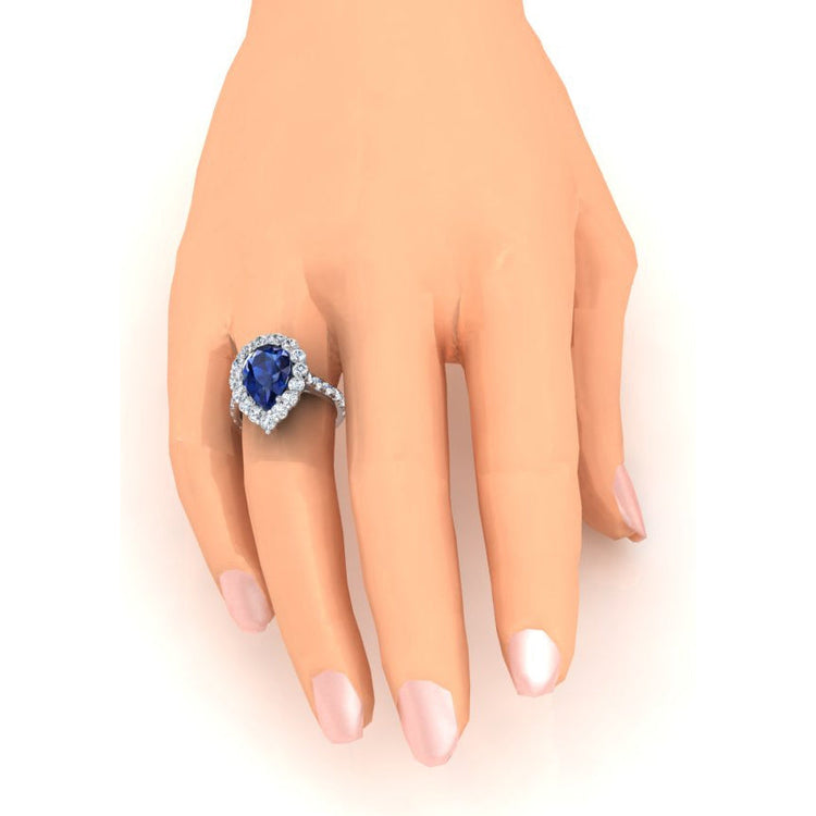 Bague Halo Gemstone Poire Saphir Bleu Or Femme Bijoux 8 Carats