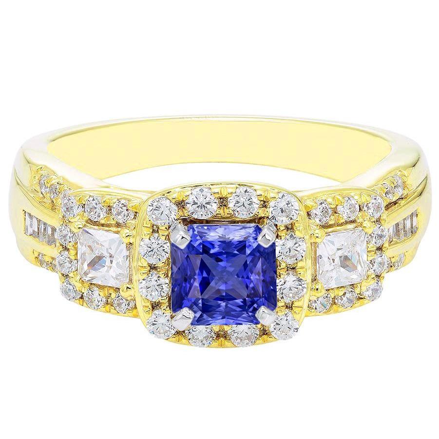 Bague Halo Gemstone Radiant Sapphire 5 Carats Or 14K Diamants - HarryChadEnt.FR