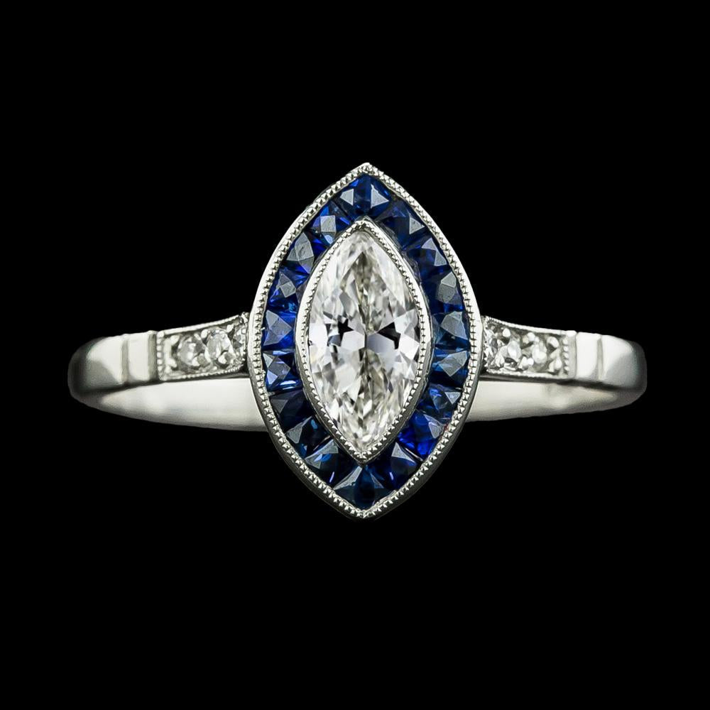 Bague Halo Marquise Diamant Taille Ancienne & Saphir Trapèze 3.50 Carats - HarryChadEnt.FR