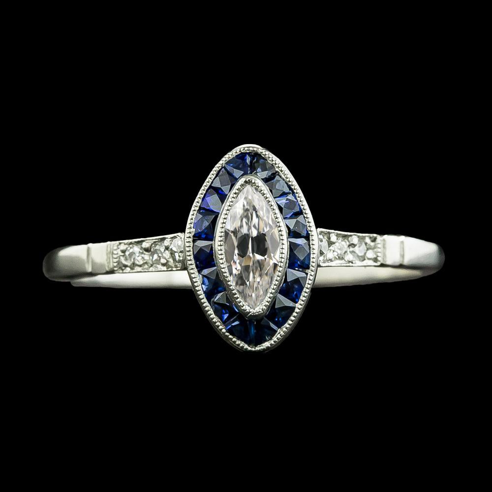 Bague Halo Marquise Diamant Taille Ancienne & Saphirs Trapèze 3 Carats - HarryChadEnt.FR