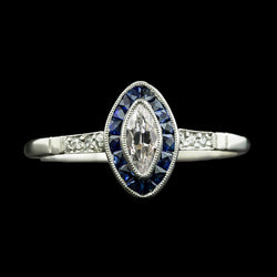 Bague Halo Marquise Diamant Taille Ancienne & Saphirs Trapèze 3 Carats