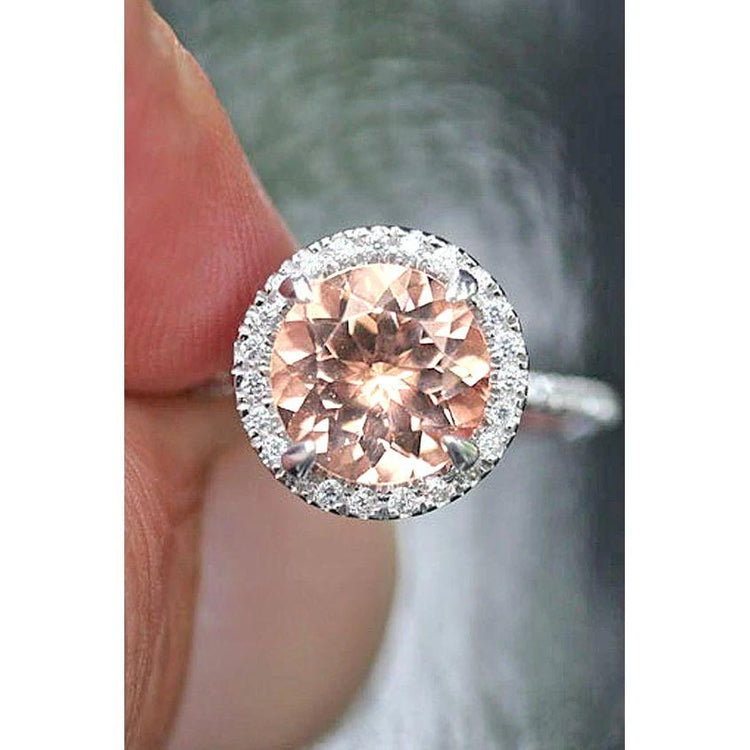 Bague Halo Morganite Et Diamants 15.50 Carats Or Blanc 14K - HarryChadEnt.FR