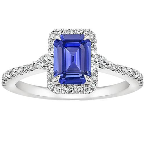 Bague Halo Or Blanc 14K Saphir Bleu Émeraude & Diamant 4.25 Carats - HarryChadEnt.FR