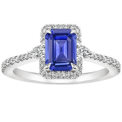 Bague Halo Or Blanc 14K Saphir Bleu Émeraude & Diamant 4.25 Carats